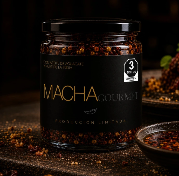 Salsa Macha Gourmet de producción limitada en frasco de vidrio sobre fondo oscuro elegante.